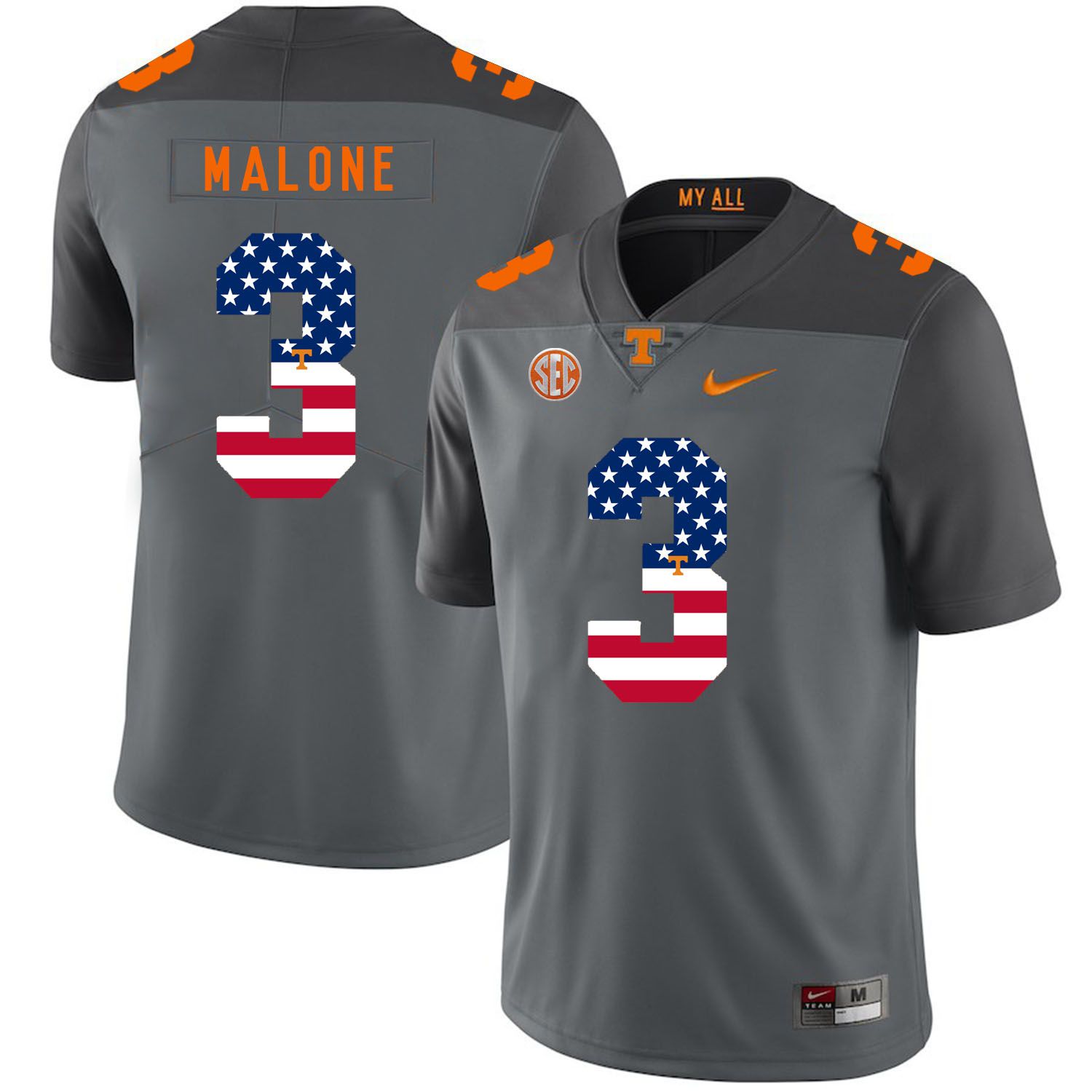 Men Tennessee Volunteers 3 Malone Grey Flag Customized NCAA Jerseys